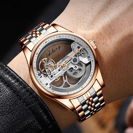 AILANG Men's Skeleton Hollow Flywheel Bridge Movement Automatic Mechanical Watch