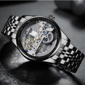 AILANG Men's Skeleton Hollow Flywheel Bridge Movement Automatic Mechanical Watch