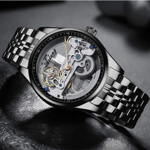 AILANG Men's Skeleton Hollow Flywheel Bridge Movement Automatic Mechanical Watch