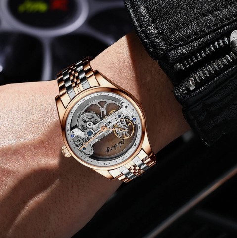 AILANG Men's Skeleton Hollow Flywheel Bridge Movement Automatic Mechanical Watch