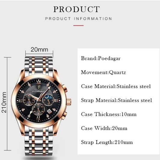 POEDAGAR 938 Luxury Fashion Men Watches 24-Hour Display 3ATM Waterproof Original Quartz Movement Luminous Watches for Male